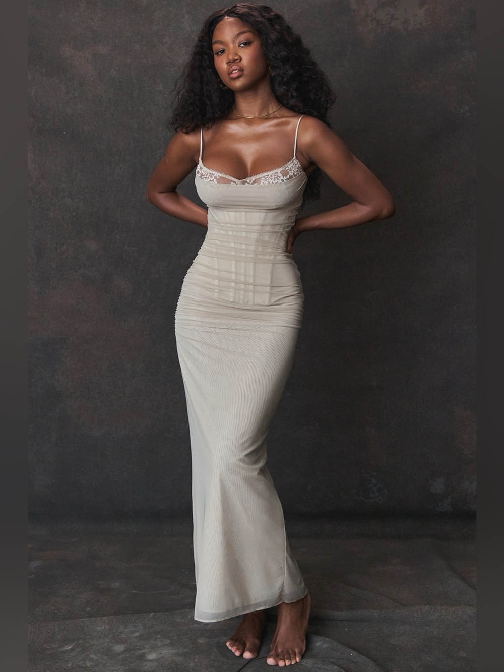 House of CB Nalini Ruched Mesh Corset Maxi Dress Nude Champagne SB8865A(P)